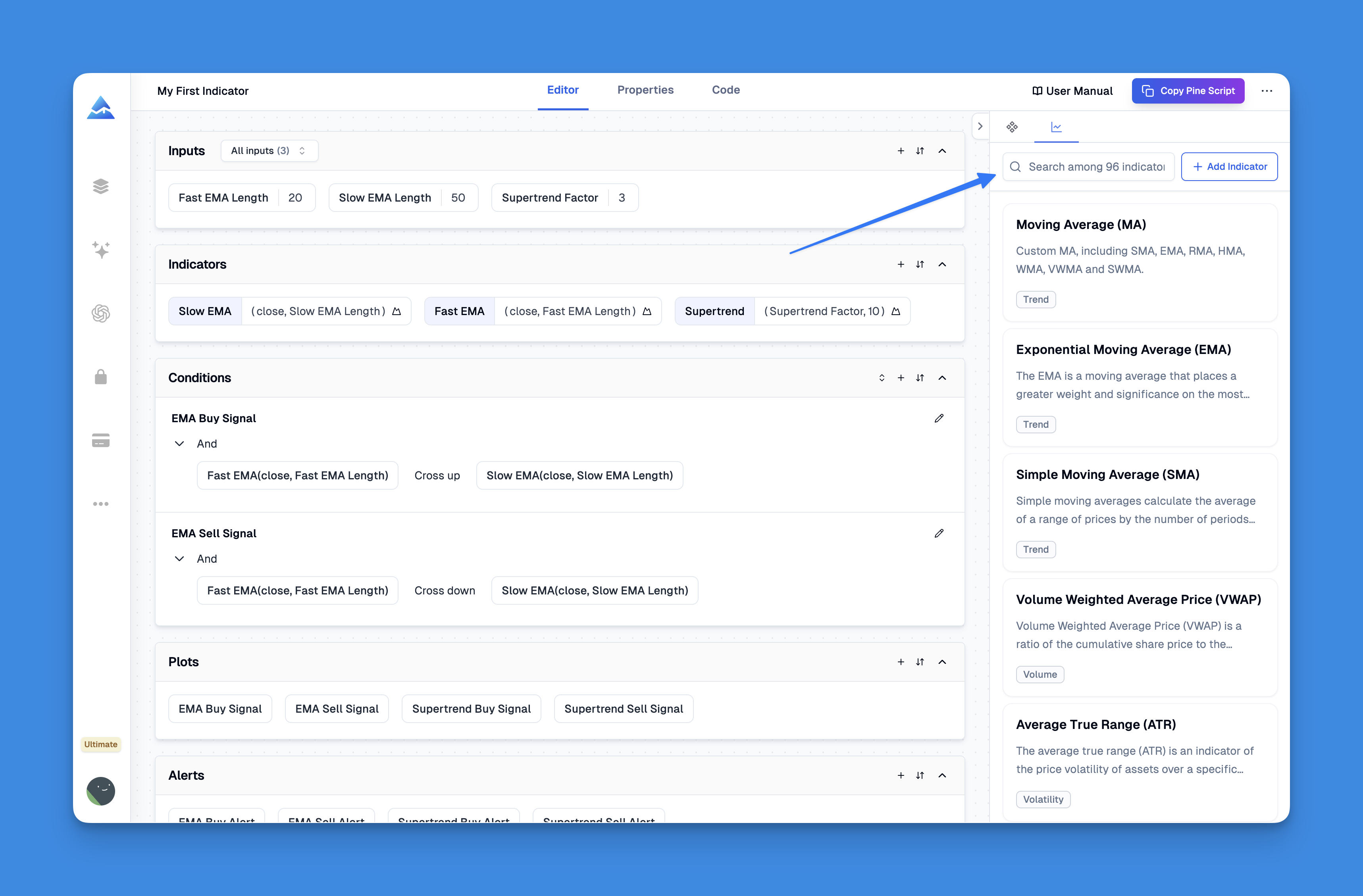 How to search for and add indicator pages in the Pineify editor
