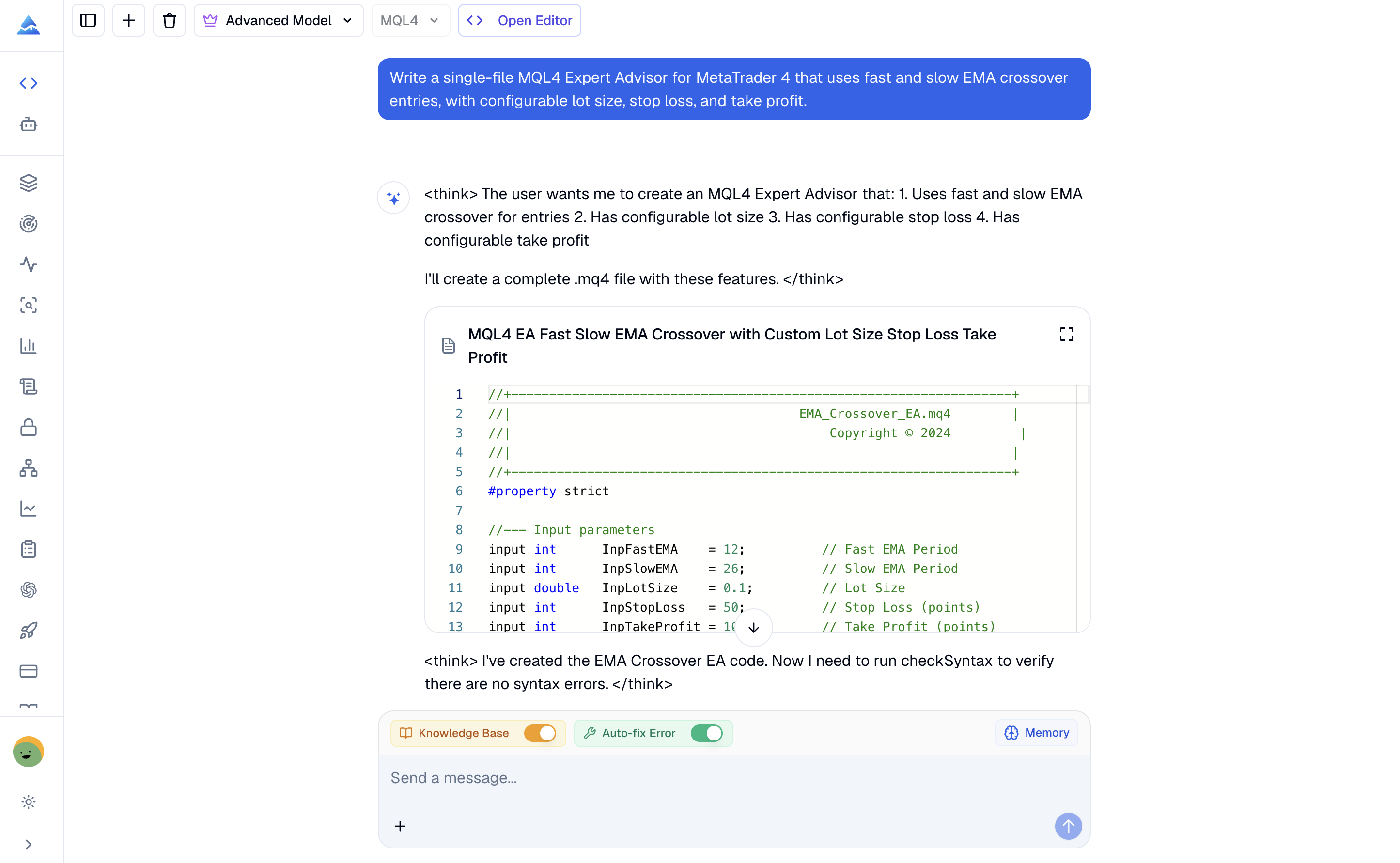 Pineify MQL4 Coding Agent with MQL4 selected and an editable MetaTrader 4 code artifact